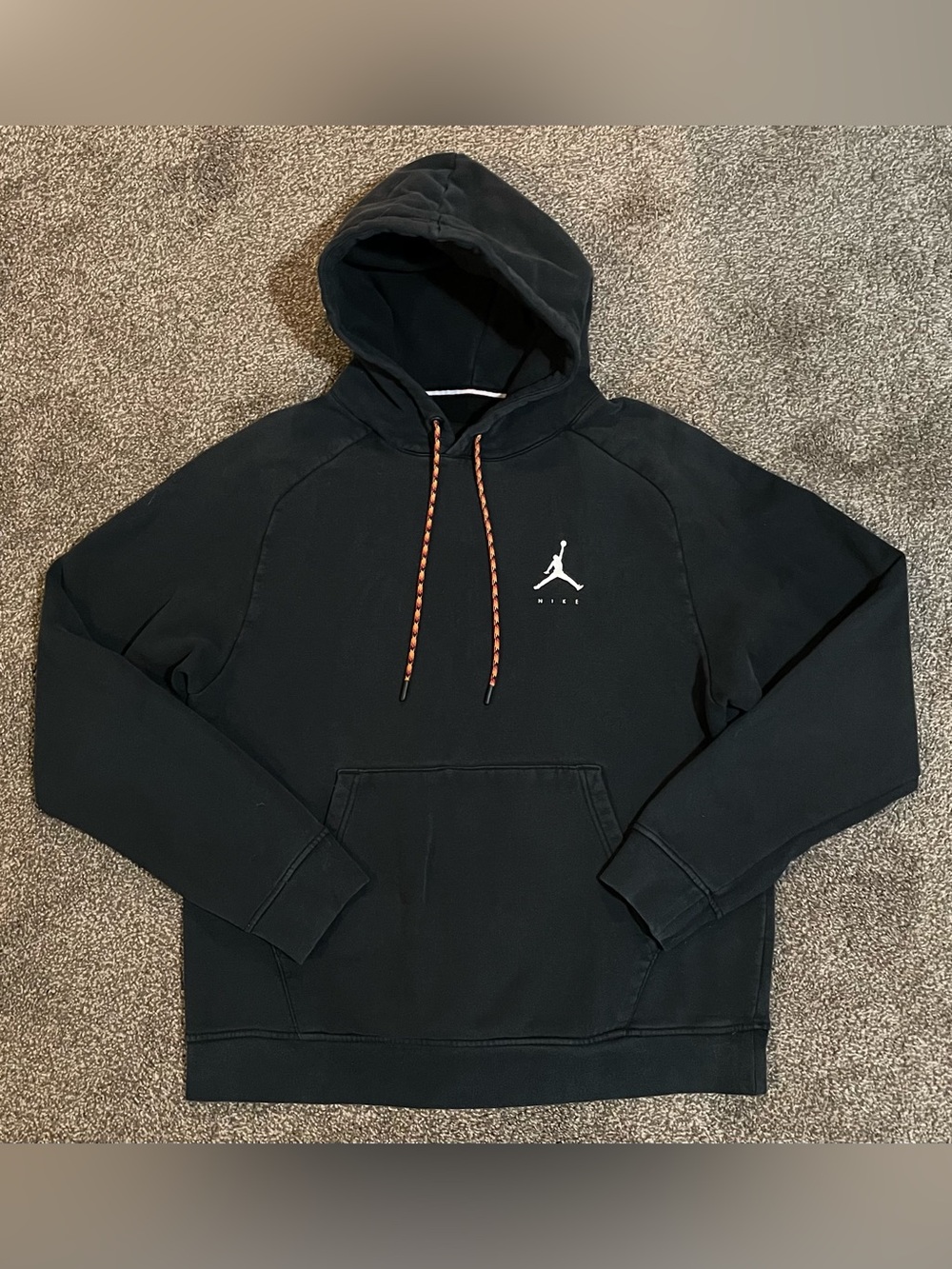 Jordan Black Pullover Hoodie with White Jumpman and Orange Drawstrings